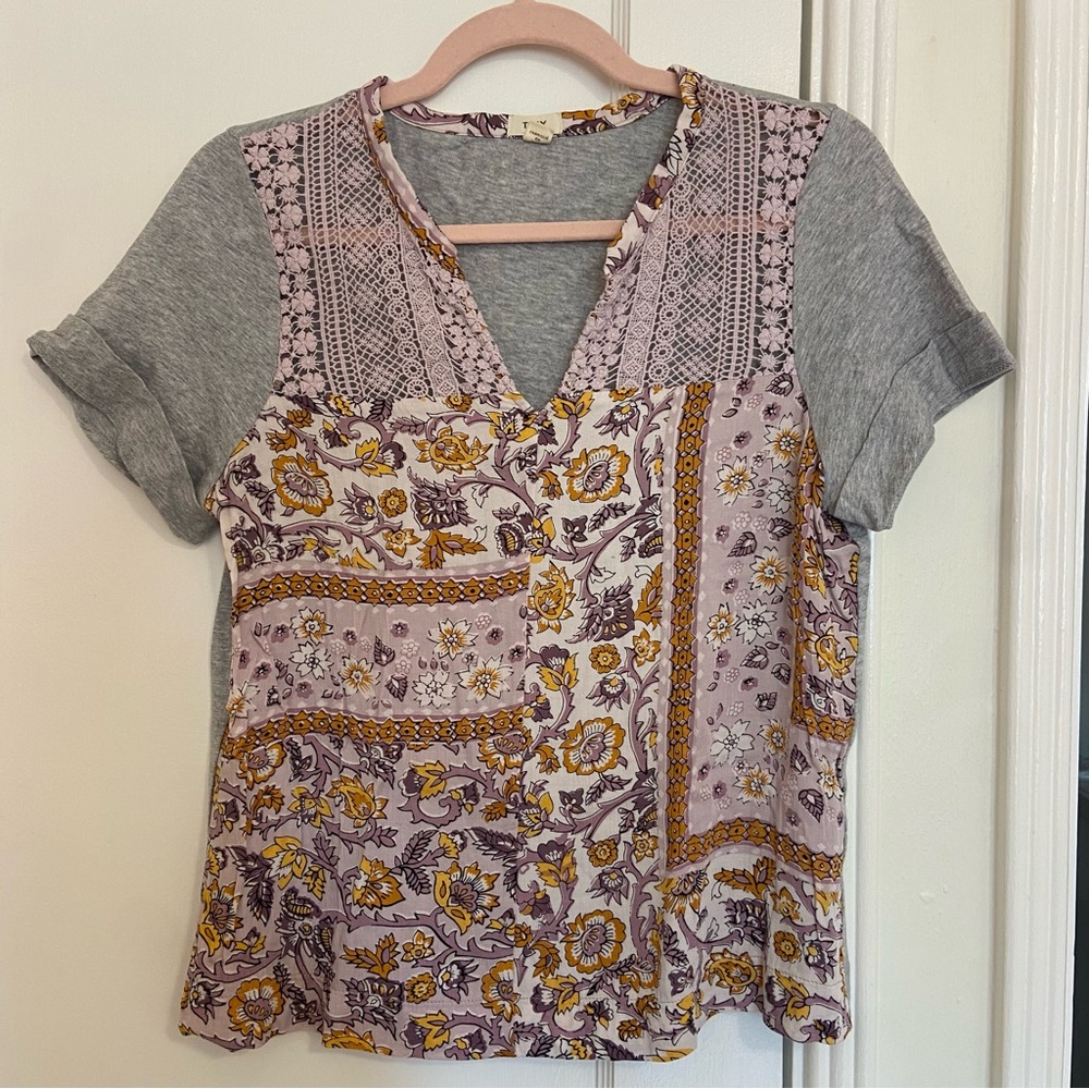 Anthropologie Tiny Floral Patchwork V-Neck Top - Gray and Purple - Size S